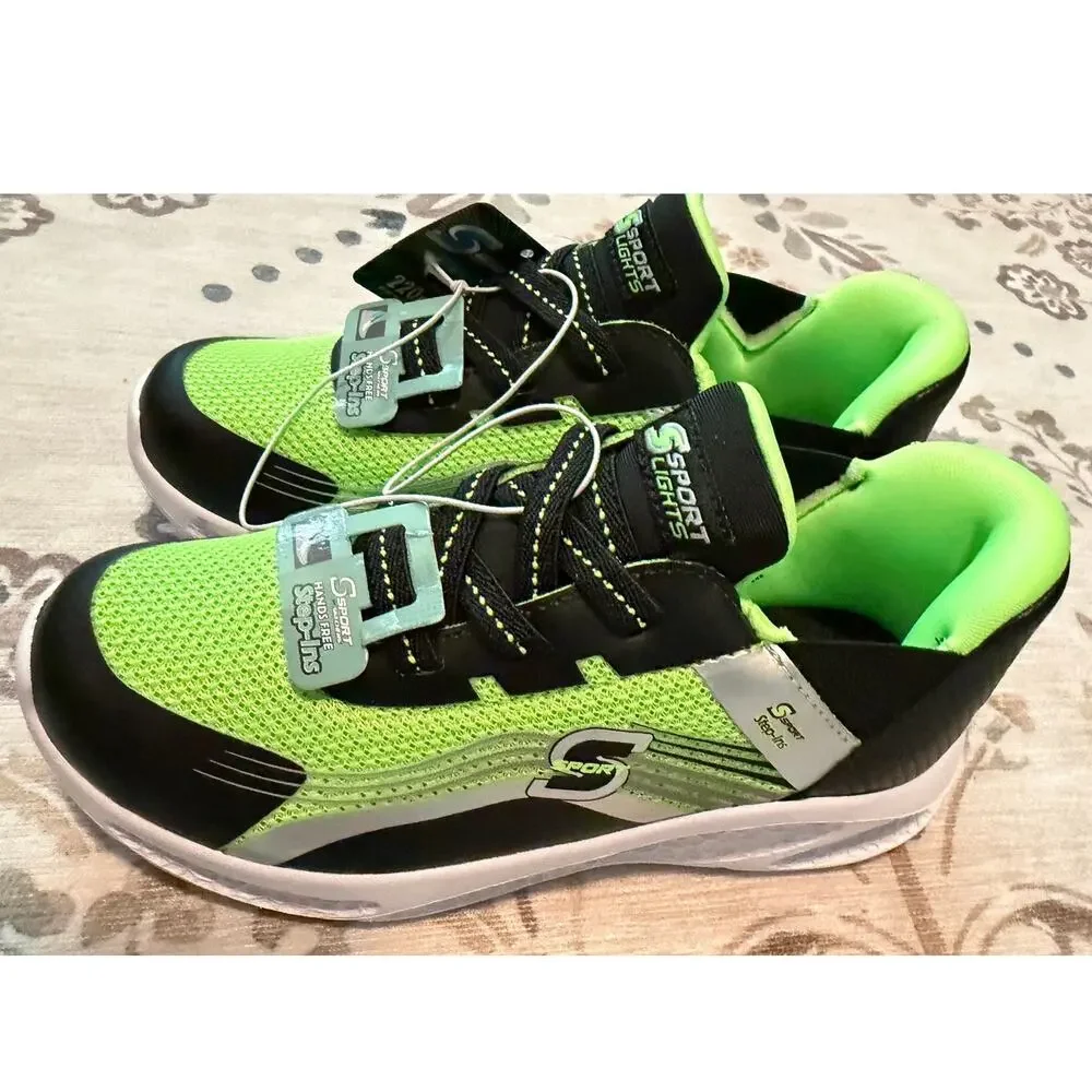 Skechers S Sport Kids Myles Light Up Sneakers Neon Green Black Size 12 NEW